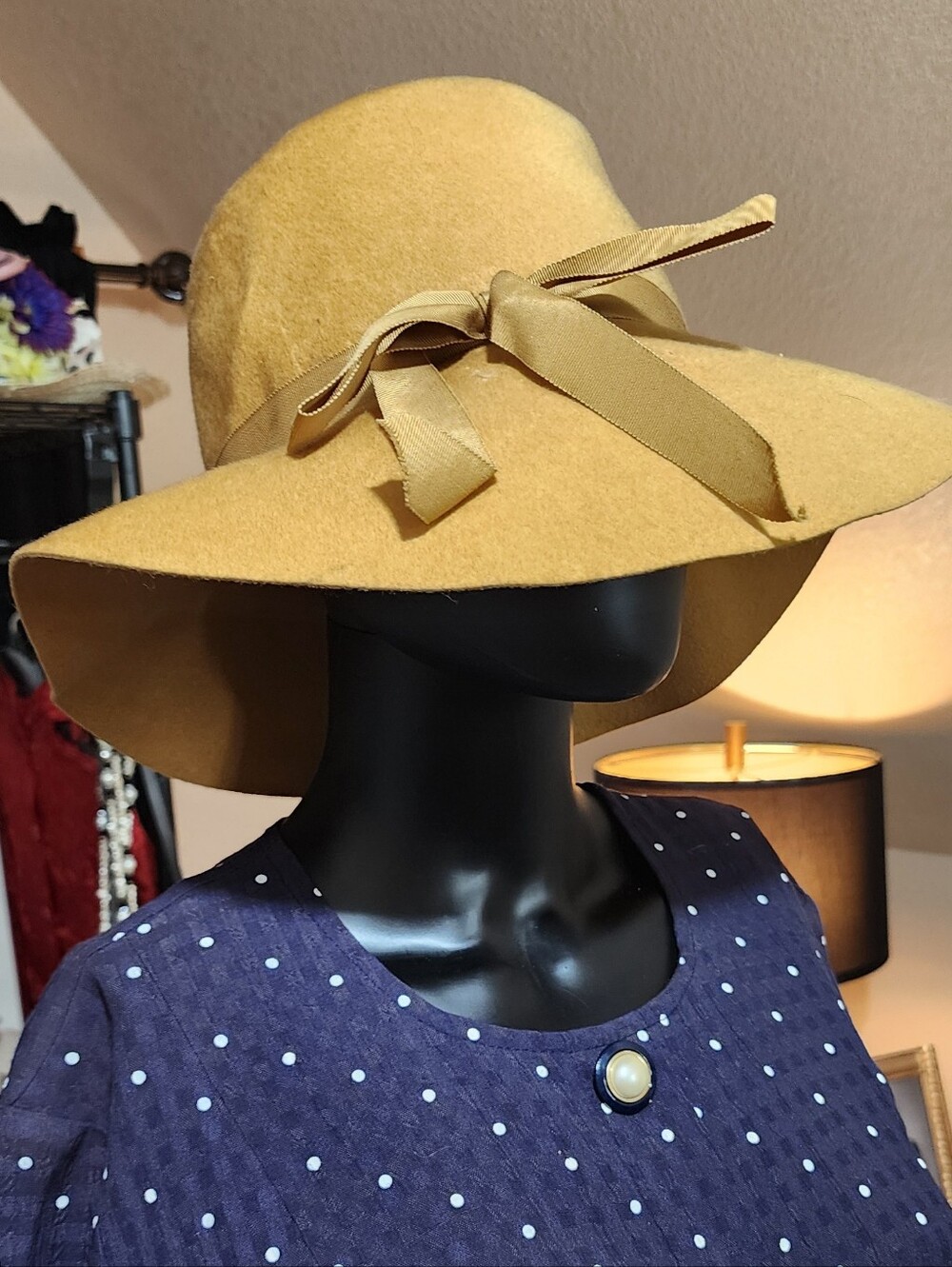 Vintage Wool Wide-Brim Hat with Ribbon Bow - Yellow
